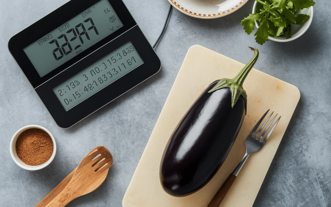 Poids aubergine tranchée sur balance