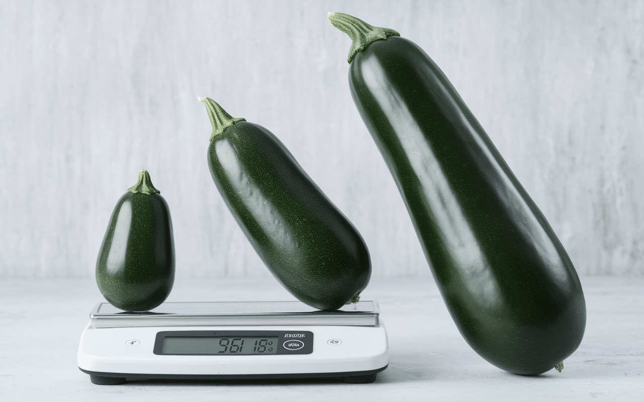 Trois courgettes avec poids 150g 250g 500g