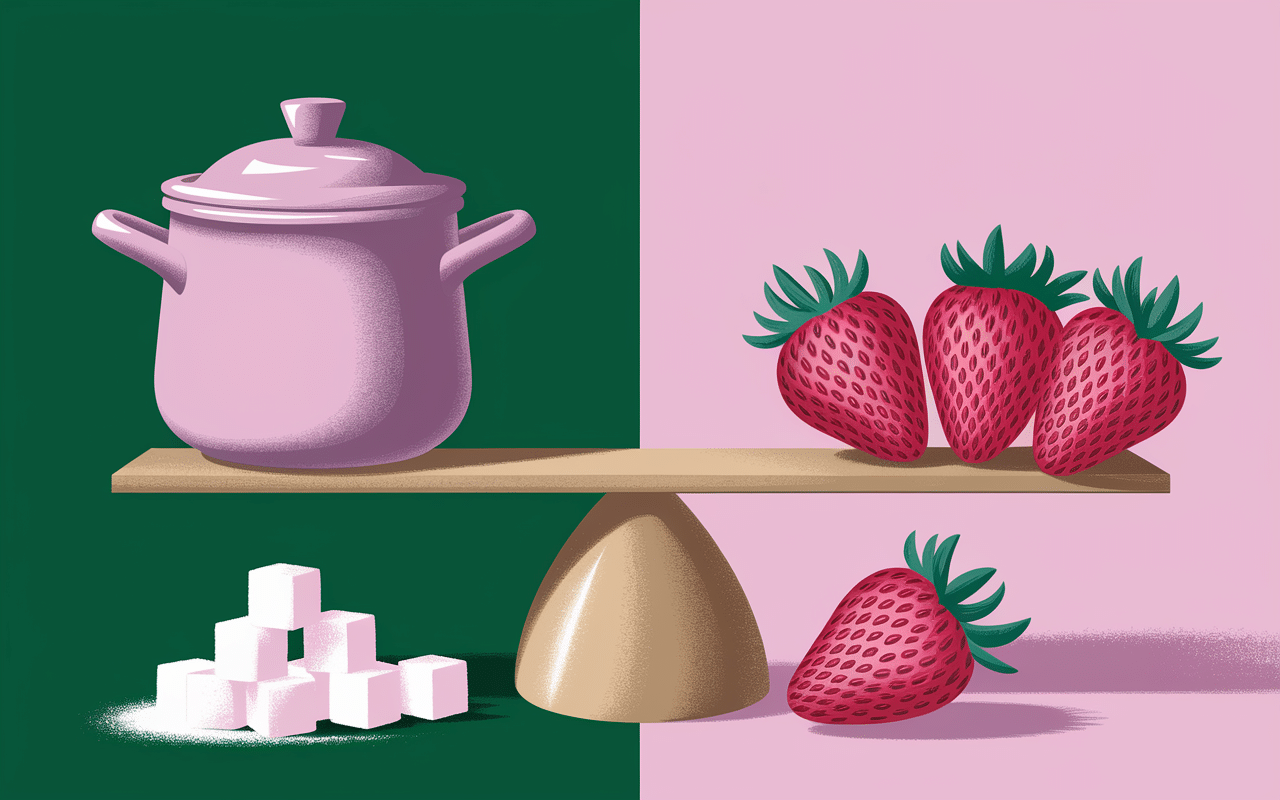 Balance avec confiture de fraise sans sucre et fraises fraîches