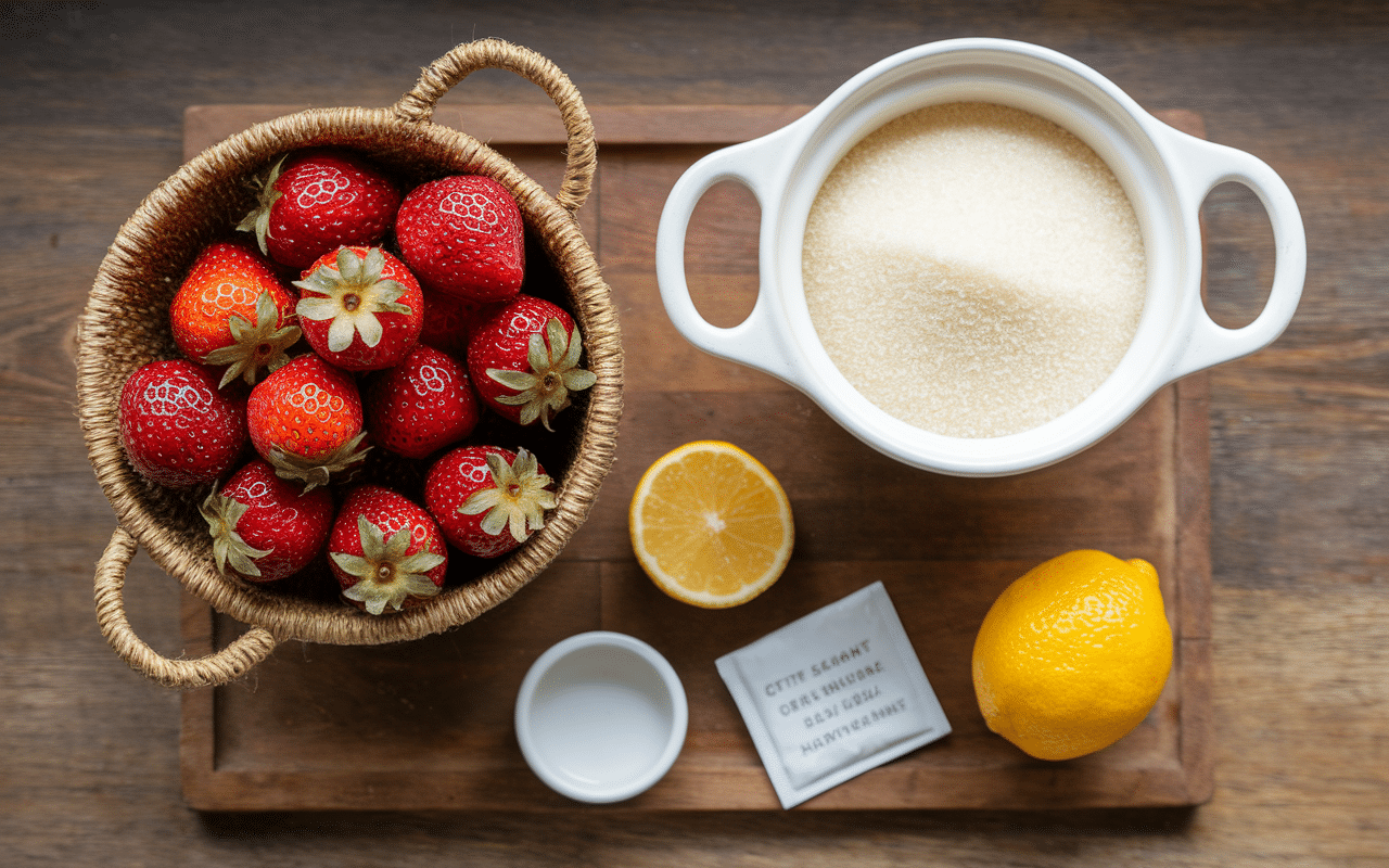 Recette confiture de fraise avec peu de sucre ingrédients sur table