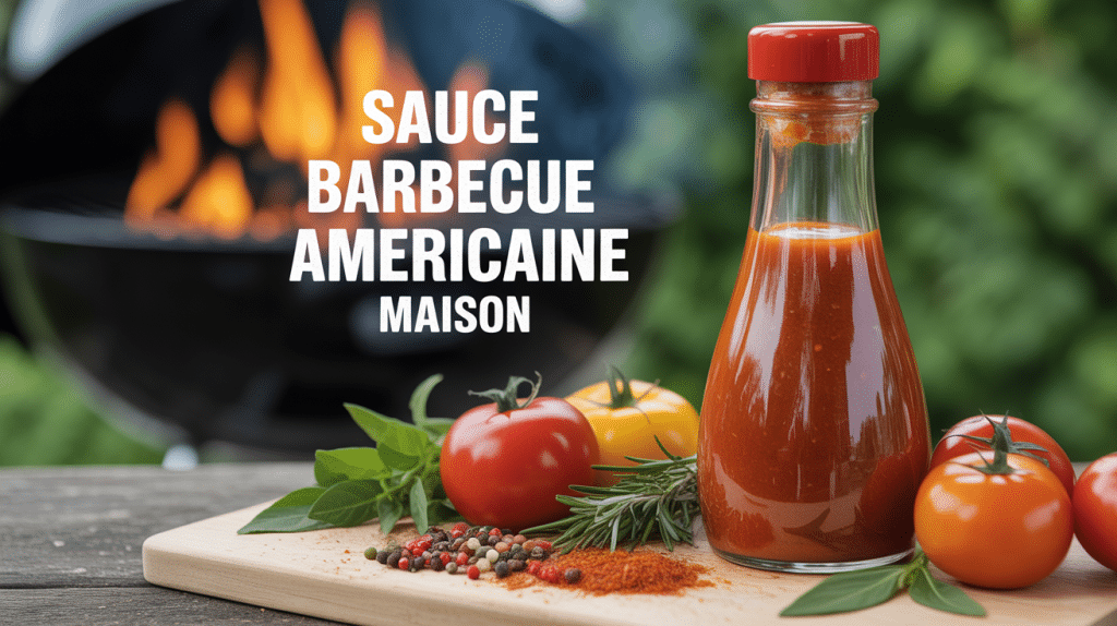 Recette sauce barbecue americaine photo bouteille et ingrédients devant grill