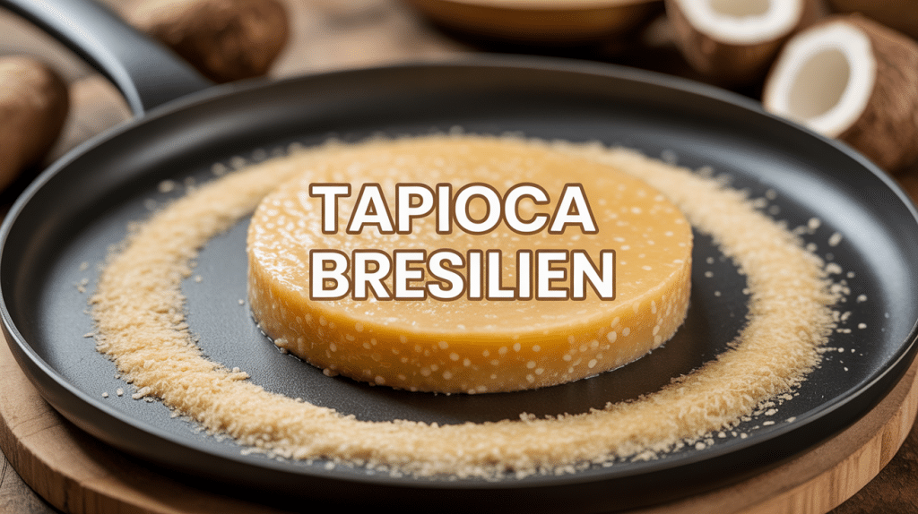 Galette de tapioca bresilien sur poêle, fécule manioc, ambiance cuisine traditionnelle