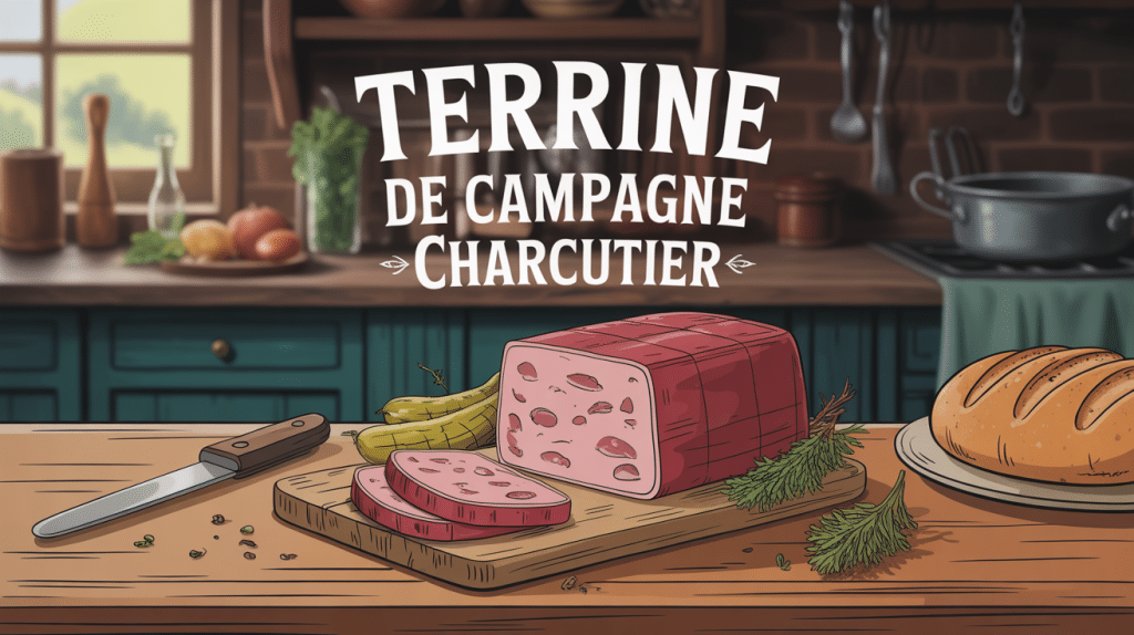 Terrine de campagne charcutier sur planche bois avec pain