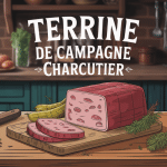 Terrine de campagne charcutier sur planche bois avec pain