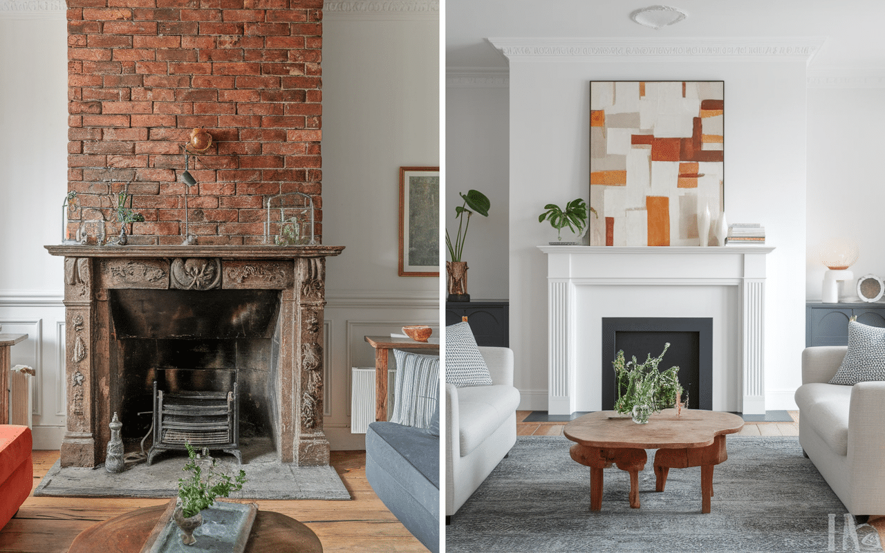 Transformation cheminée repeinte avant après