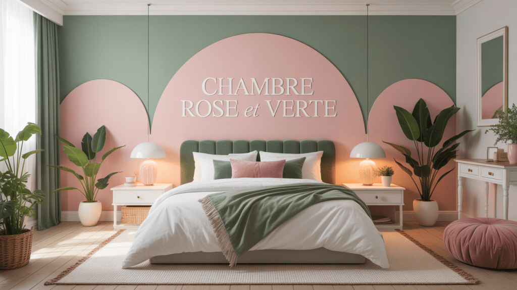 Chambre rose et verte moderne lit blanc décoration apaisante