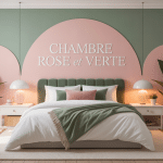 Chambre rose et verte moderne lit blanc décoration apaisante