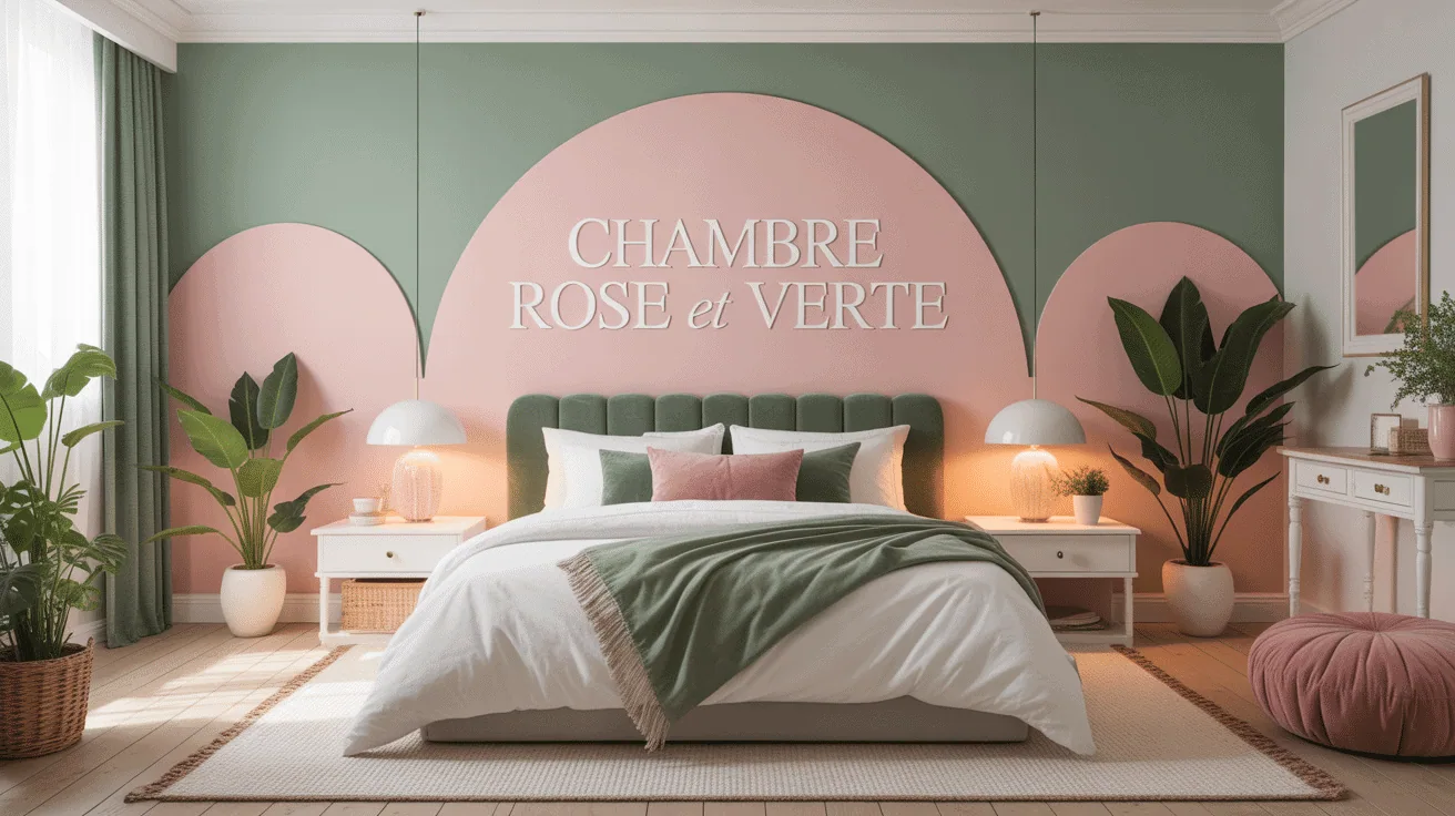 Chambre rose et verte moderne lit blanc décoration apaisante