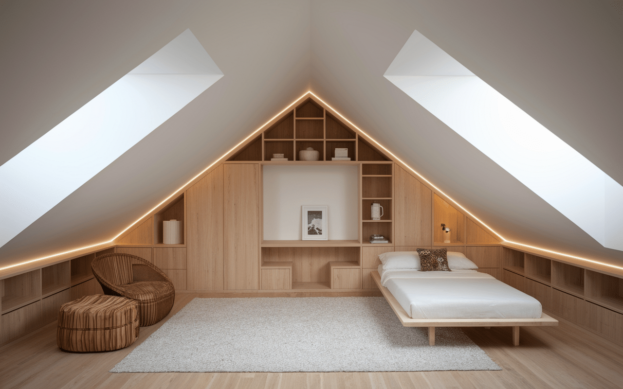 Combles aménagés faible hauteur, rangements sur mesure, mobilier intelligent