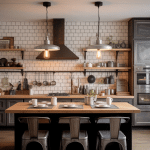 Cuisine style industriel vintage moderne avec ilot bois et murs briques