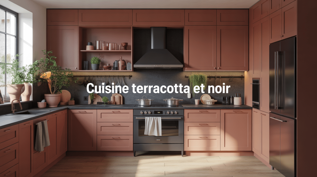 Cuisine terracotta et noir moderne avec îlot central et éclairage chaleureux