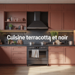 Cuisine terracotta et noir moderne avec îlot central et éclairage chaleureux