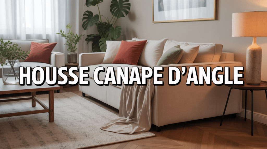 Salon moderne avec housse canapé d'angle beige, coussins colorés