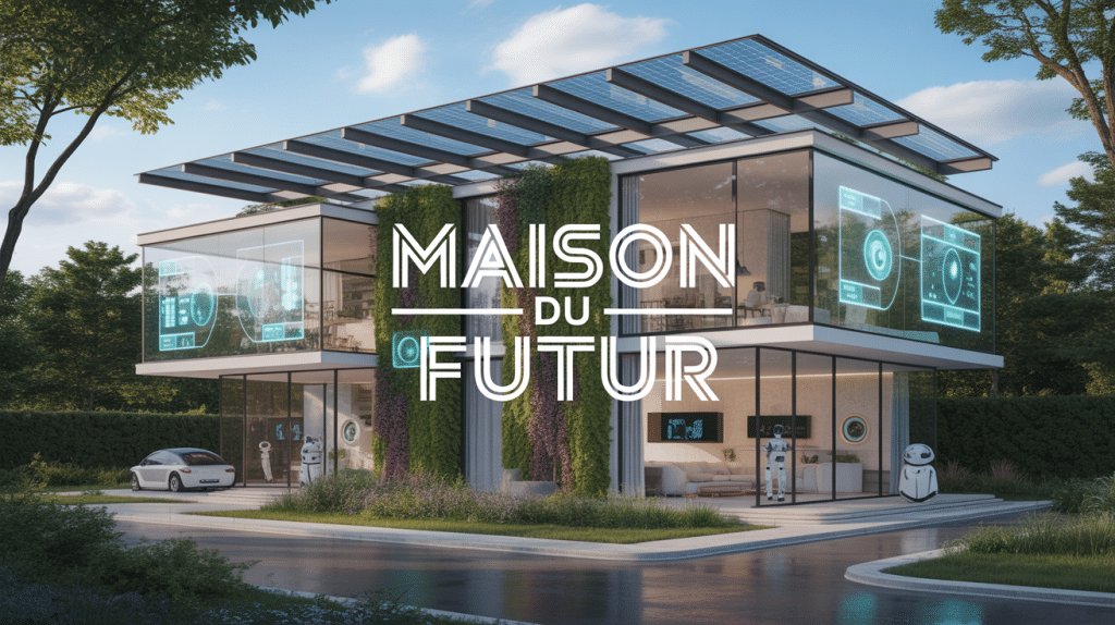 Maison du futur avec panneaux solaires, jardin vertical et robots domestiques