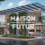 Maison du futur avec panneaux solaires, jardin vertical et robots domestiques