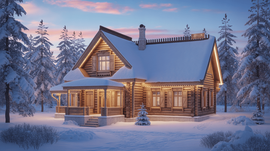 maison en bois de russie traditionnelle sous la neige