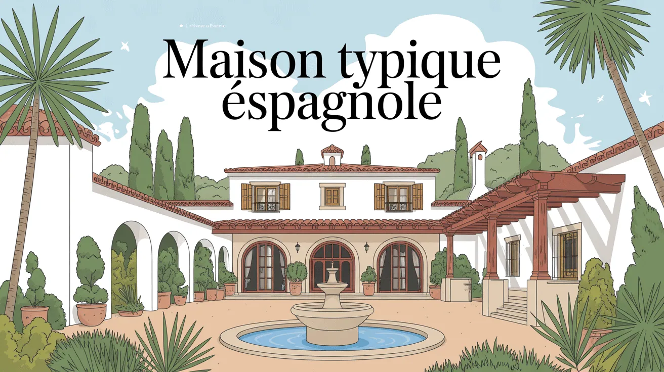 Vue maison typique espagnole murs blancs patio tuiles arches