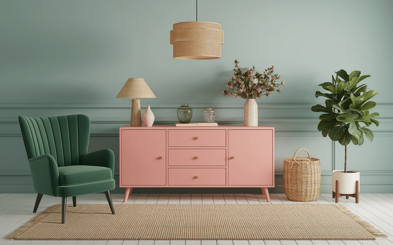 Meubles et objets déco chambre rose et verte