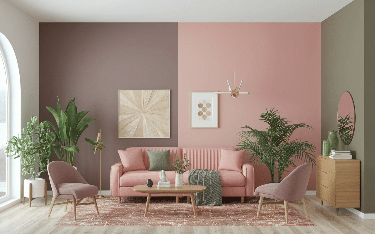 Intérieur harmonieux peinture rose poudré et taupe