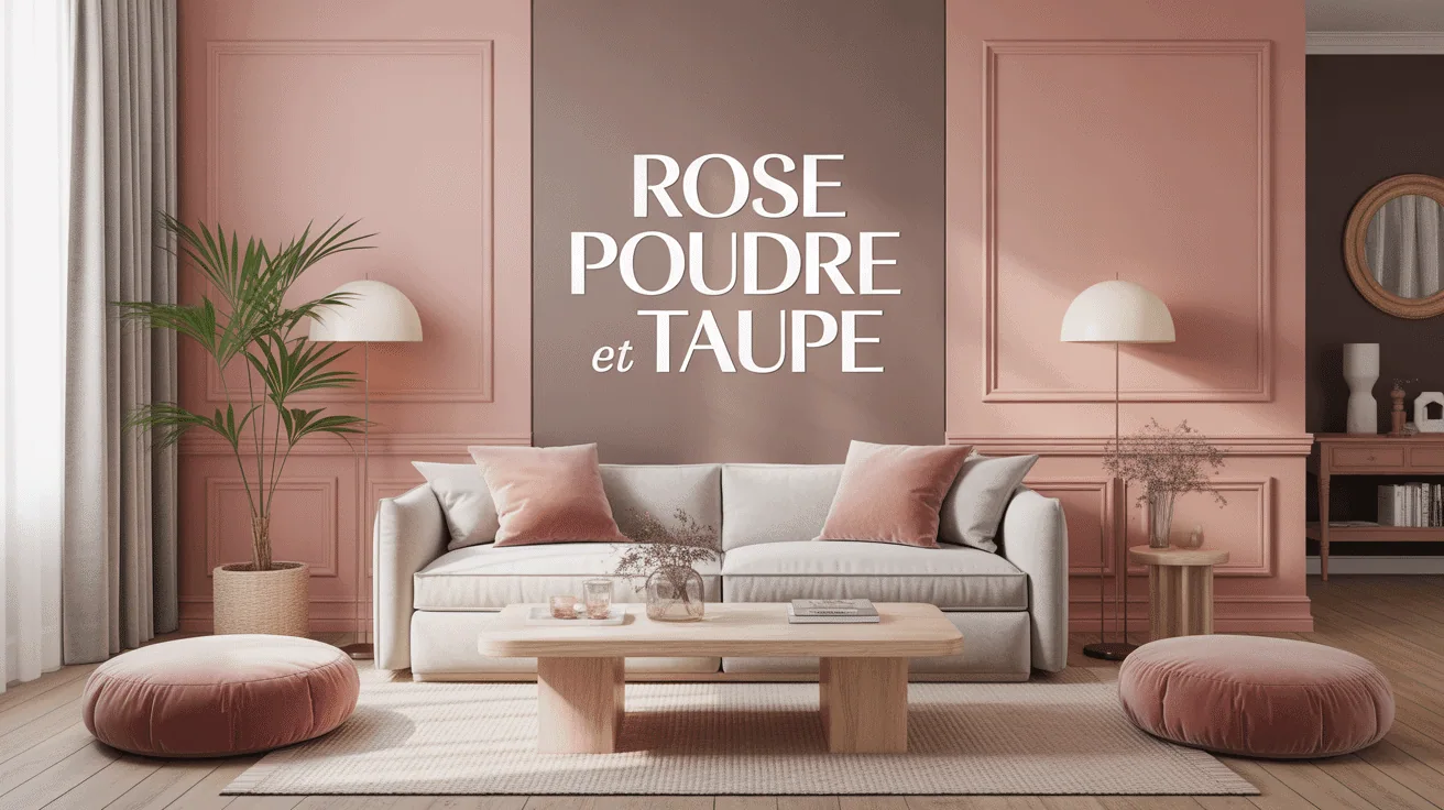 Salon avec peinture rose poudré et taupe