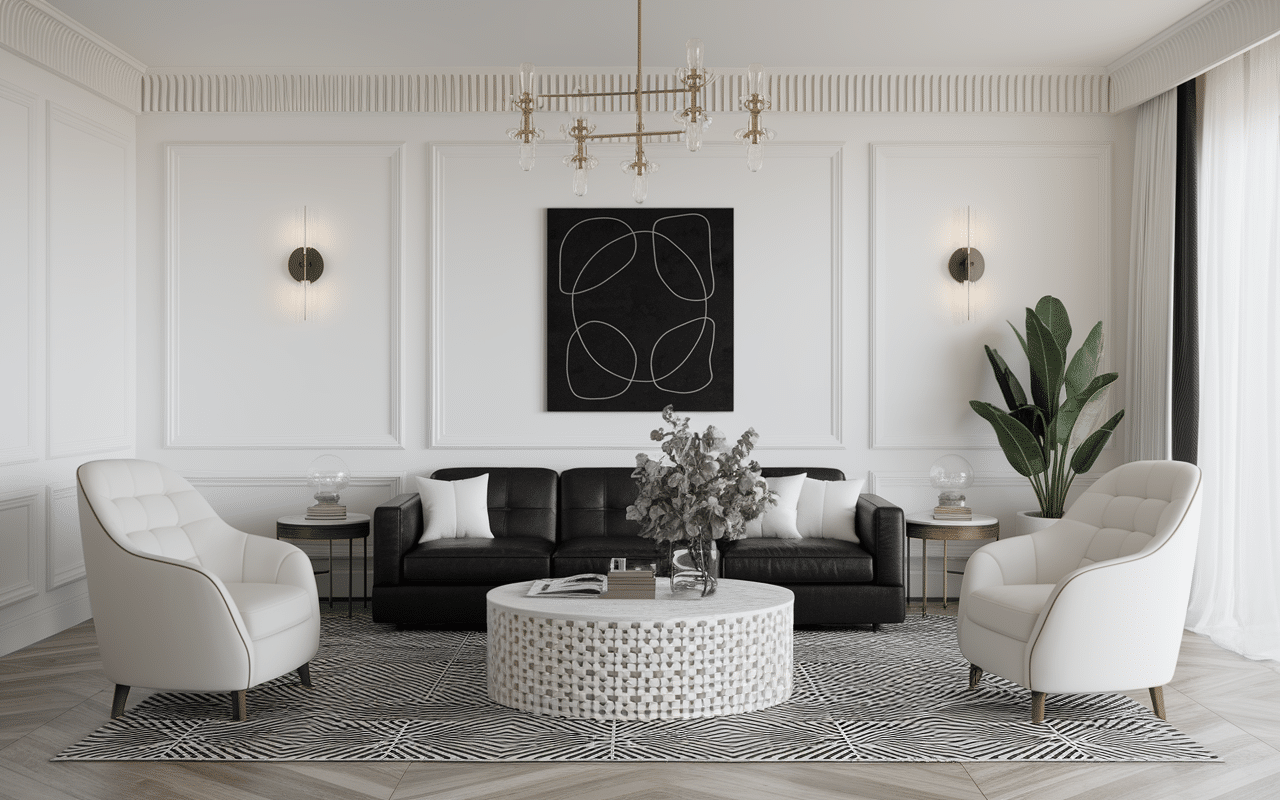 Salon noir et blanc avec canapé cuir noir, coussins blancs, déco élégante