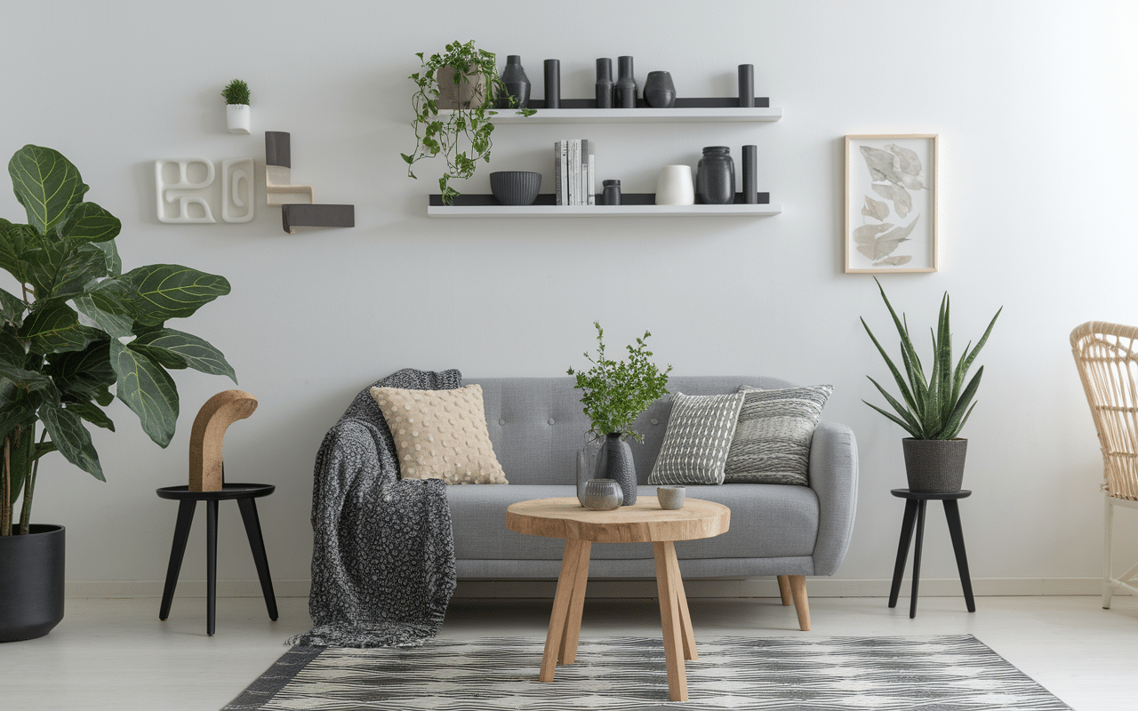 Salon noir et blanc avec étagère déco, vases, plante verte, canapé gris