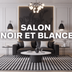 Salon noir et blanc avec canapé noir, table blanche, tapis géométrique