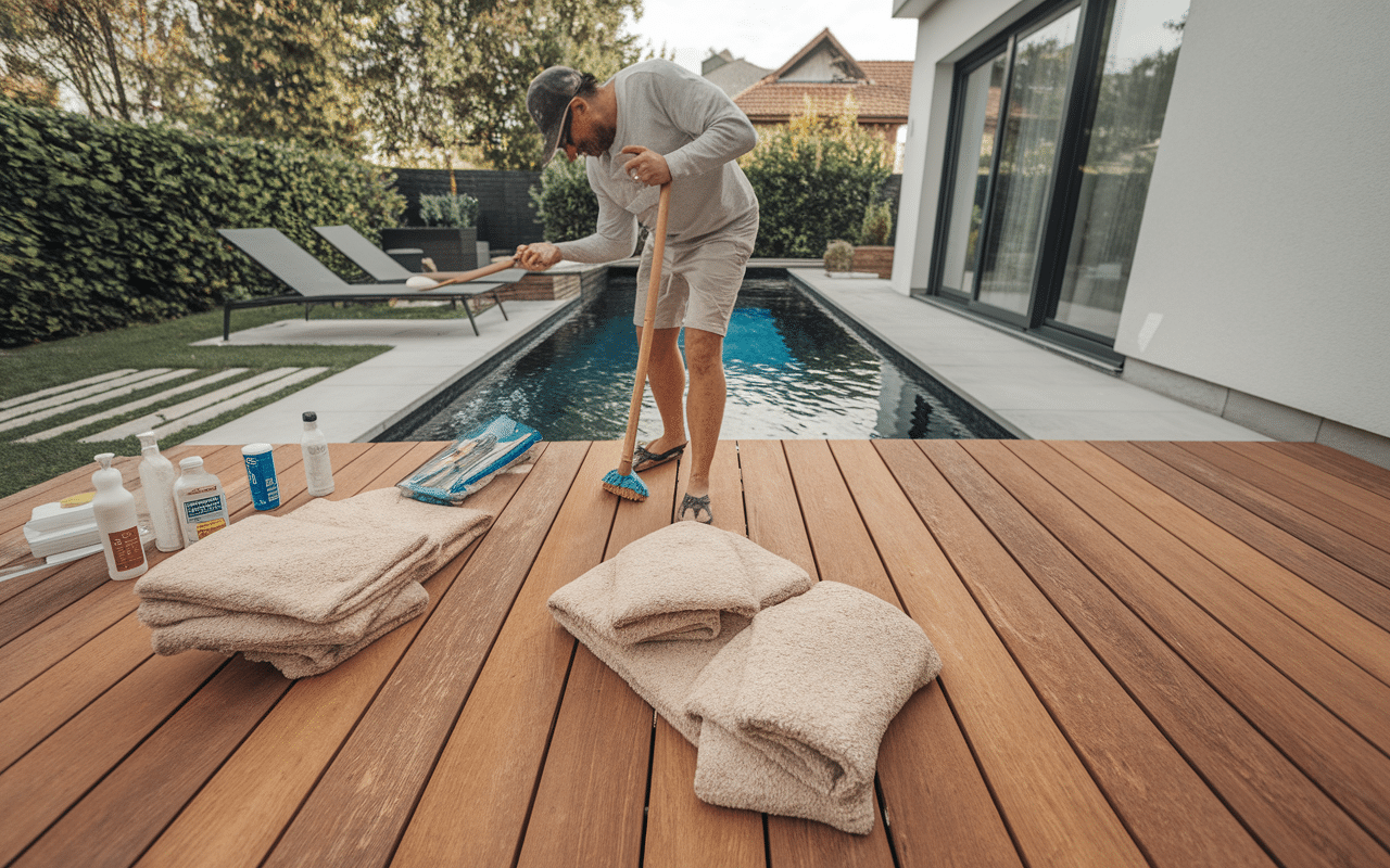 entretien terrasse avec piscine en bois