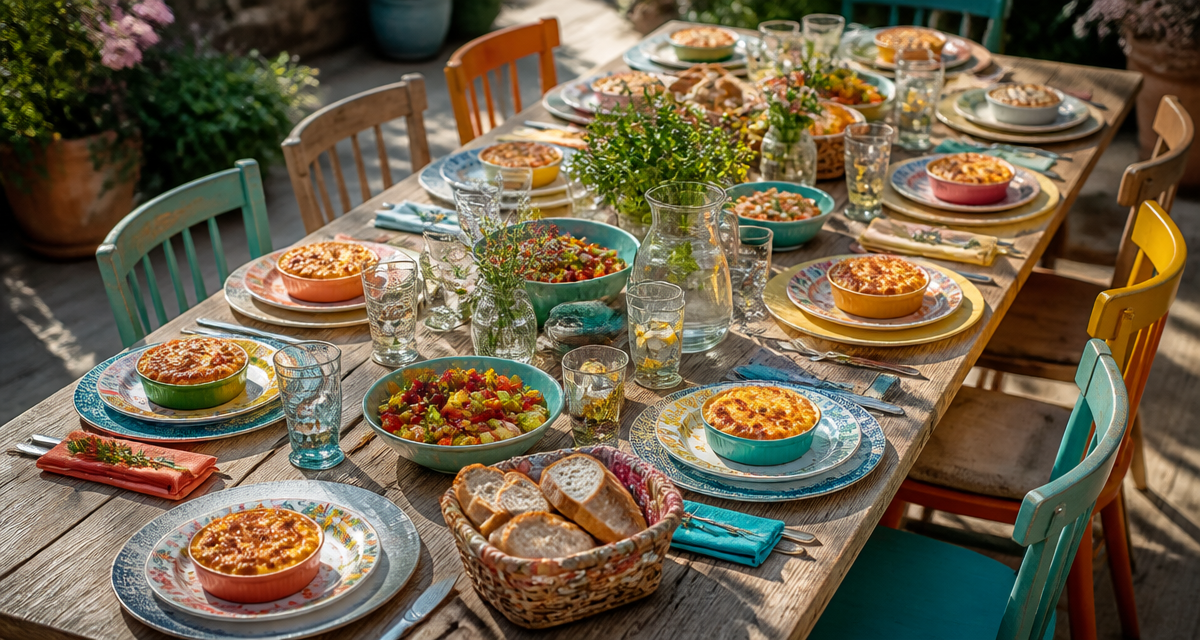 recette 10 personnes table dressée en terrasse