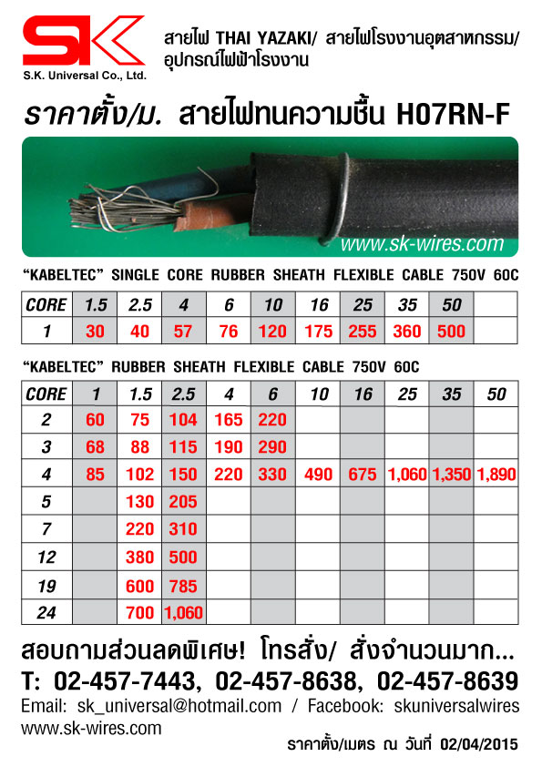ราคาตั้ง สายไฟทนความชื้น H07RN-F