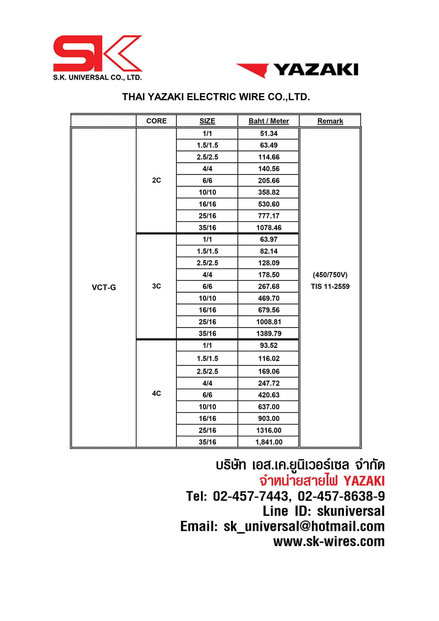 ราคาสายไฟ VCT-G Price List