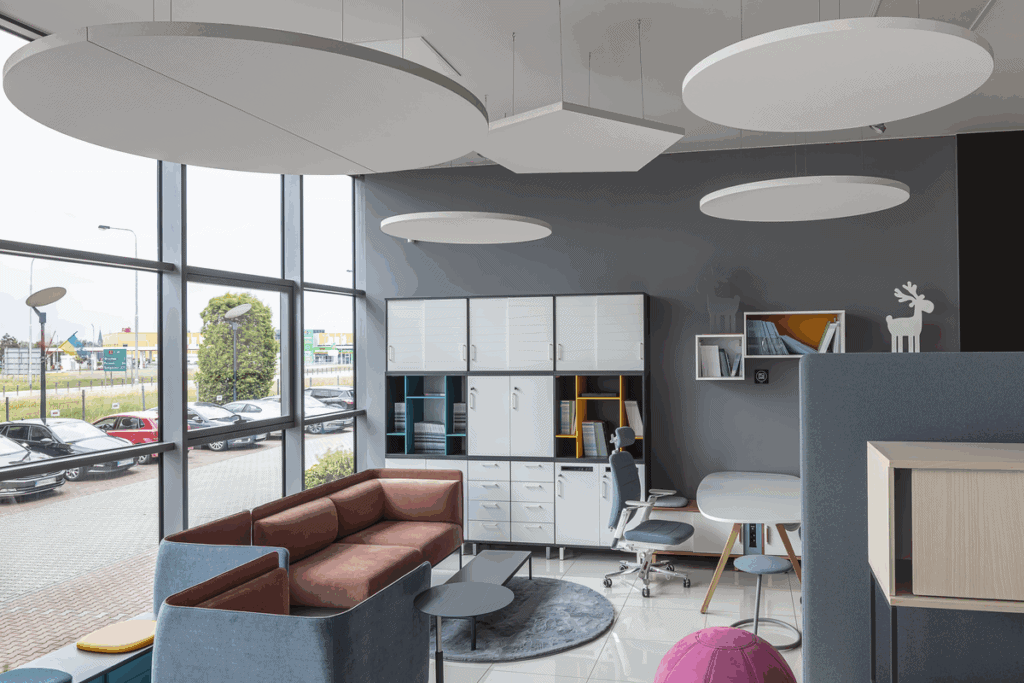 Moderner Bürobereich mit großen runden Deckenabsorbern für bessere Raumakustik und Mitarbeiterwohlbefinden; Foto: Ecophon.