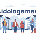 Illustration aidologement avec profils devant immeubles