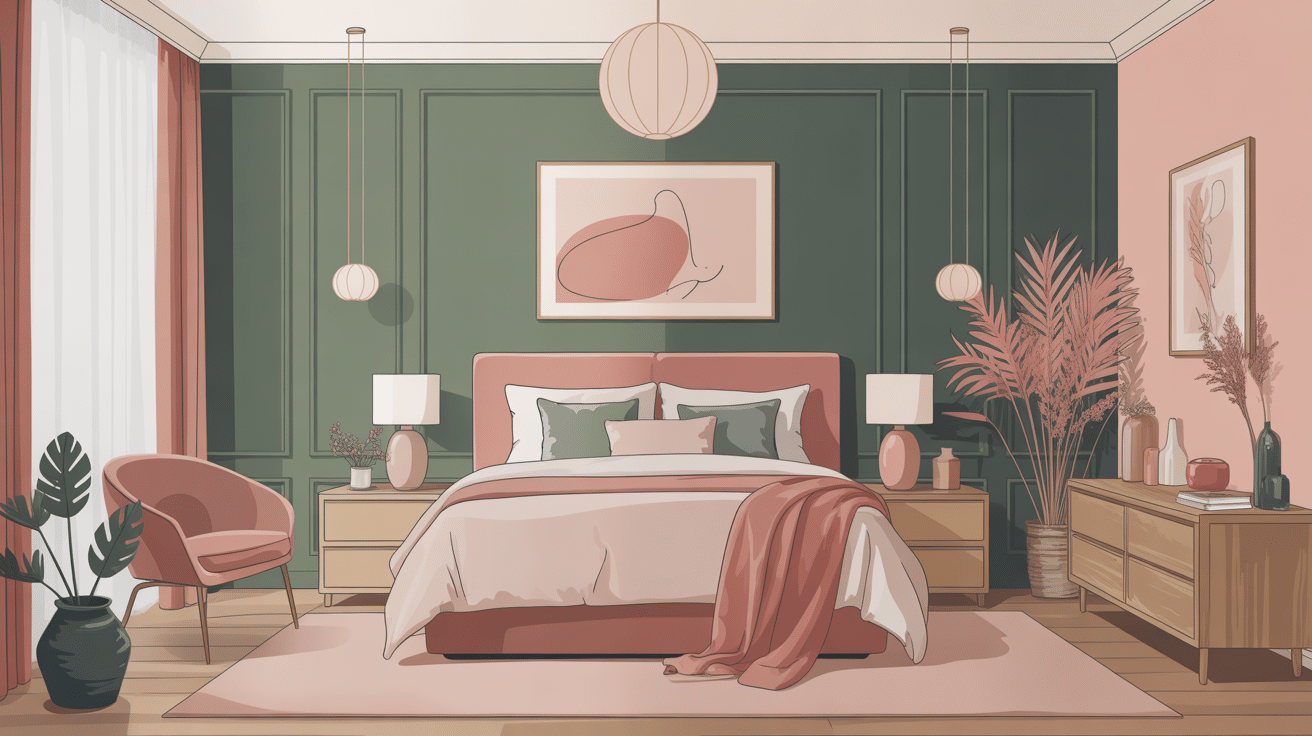 chambre vert sauge et rose déco tendance