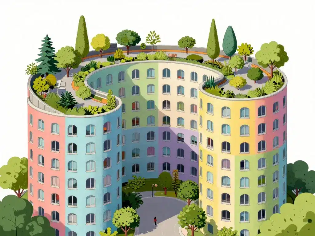 Façade colorée et végétalisée de la Waldspirale