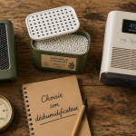 déshumidificateur avis, trois modèles sur table bois, hygromètre et carnet