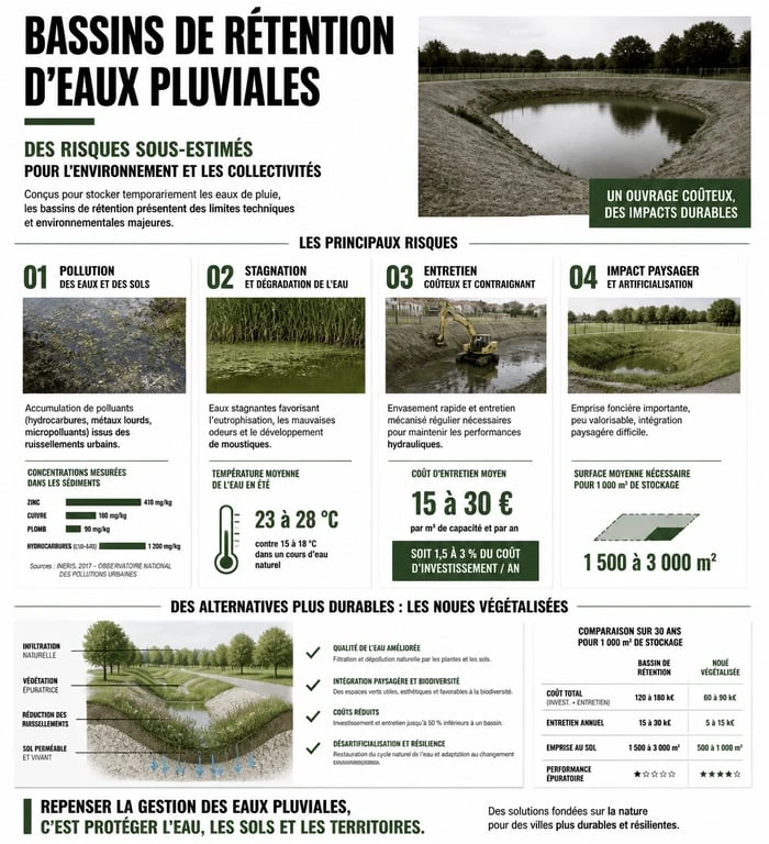 Infographie des risques et alternatives des bassins de rétention d'eaux pluviales