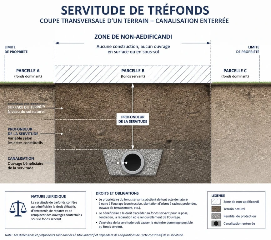 Schéma explicatif d'une servitude de tréfonds : impact sur la constructibilité et passage de réseaux souterrains.