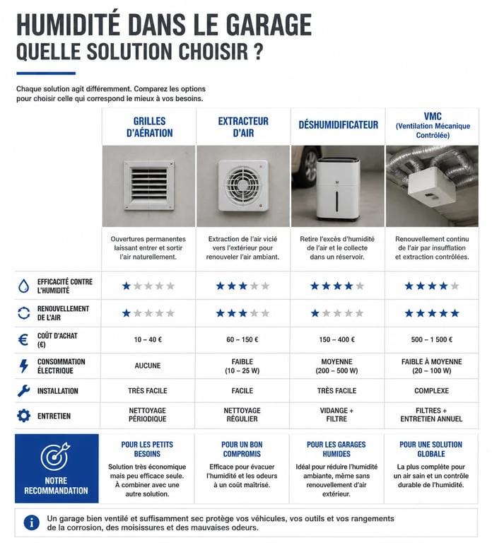 Infographie comparative des solutions pour traiter un garage humide : ventilation et déshumidification