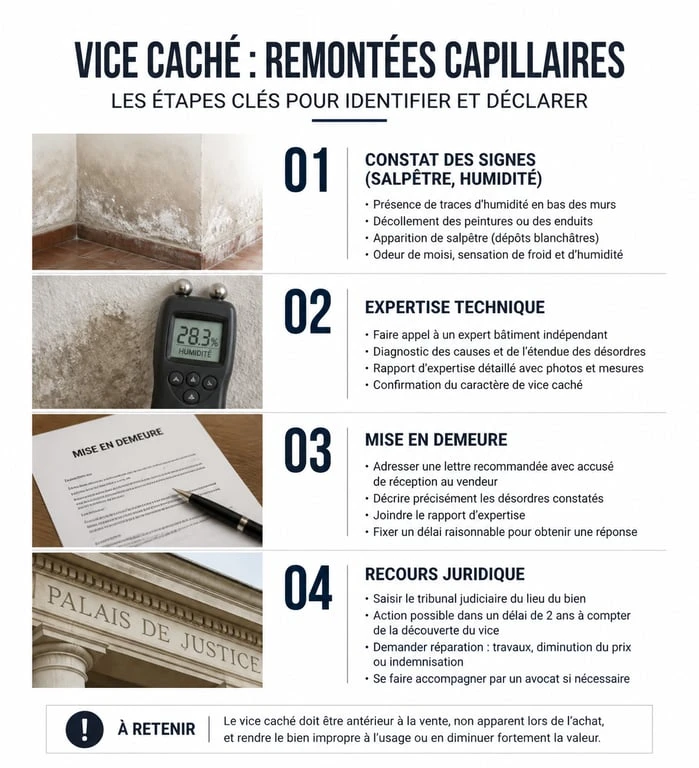 Infographie des étapes de recours pour vice caché lié aux remontées capillaires