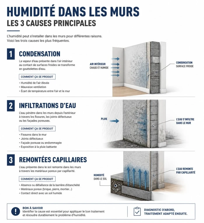 Infographie des causes de l'humidité sur un mur : condensation, infiltration et remontée capillaire
