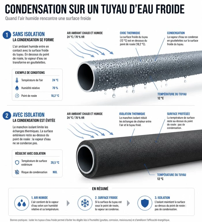 Schéma explicatif de la condensation sur tuyau d'eau froide et solution par isolation