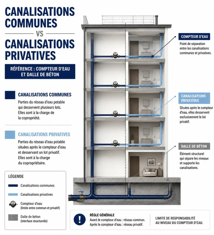 Schéma de responsabilité en cas de fuite en dalle : parties communes vs privatives