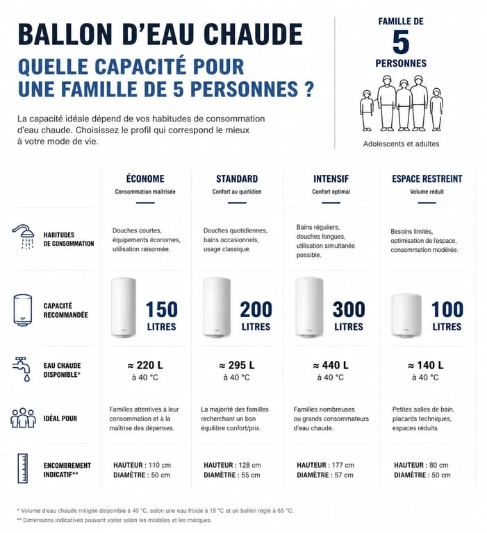 Infographie des capacités recommandées pour un ballon d'eau chaude pour 5 personnes selon les usages