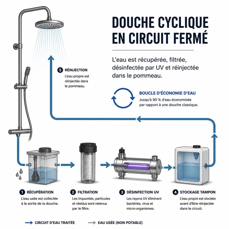Schéma de fonctionnement d'un système pour recycler l'eau de douche en circuit fermé