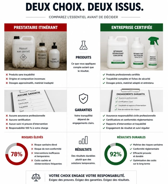 Infographie comparative entre nettoyage de toiture par artisan itinérant et entreprise certifiée pour éviter les arnaques