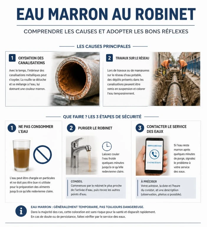 Infographie explicative sur les causes de l'eau marron au robinet et les dangers pour la santé