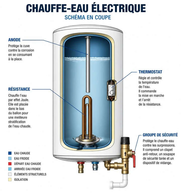 Schéma des composants d'un chauffe-eau électrique pour diagnostic de panne