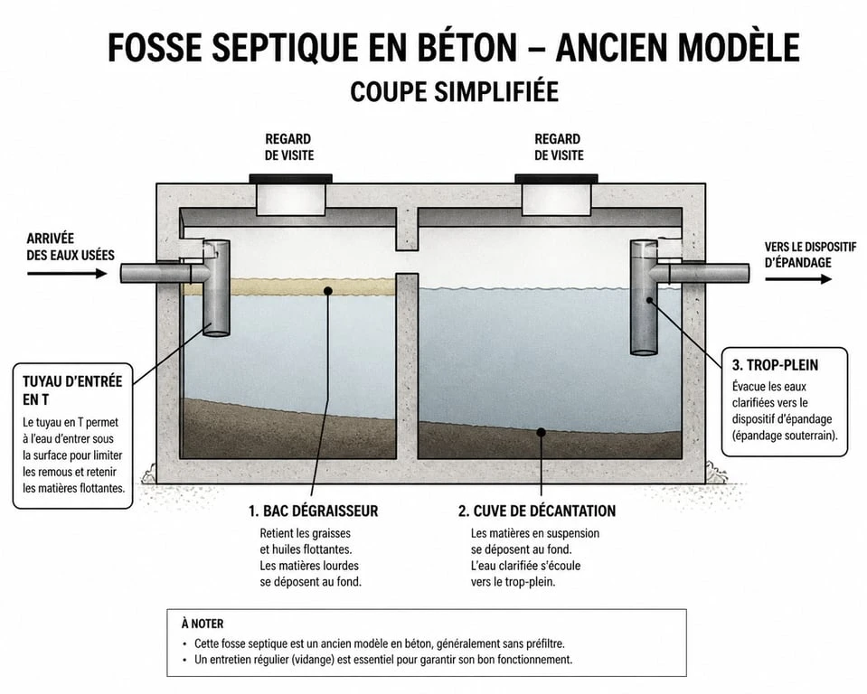 Schéma de fonctionnement d'une ancienne fosse septique avec bac dégraisseur et cuve de décantation