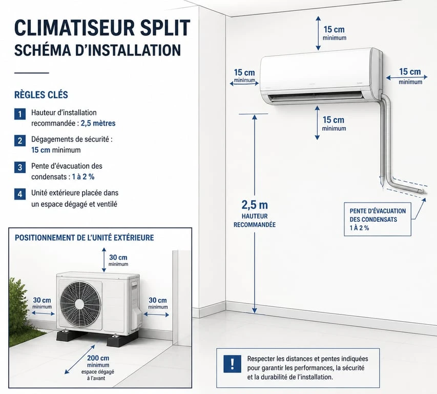 Schéma technique d'installation d'un climatiseur split avec cotes et distances de sécurité